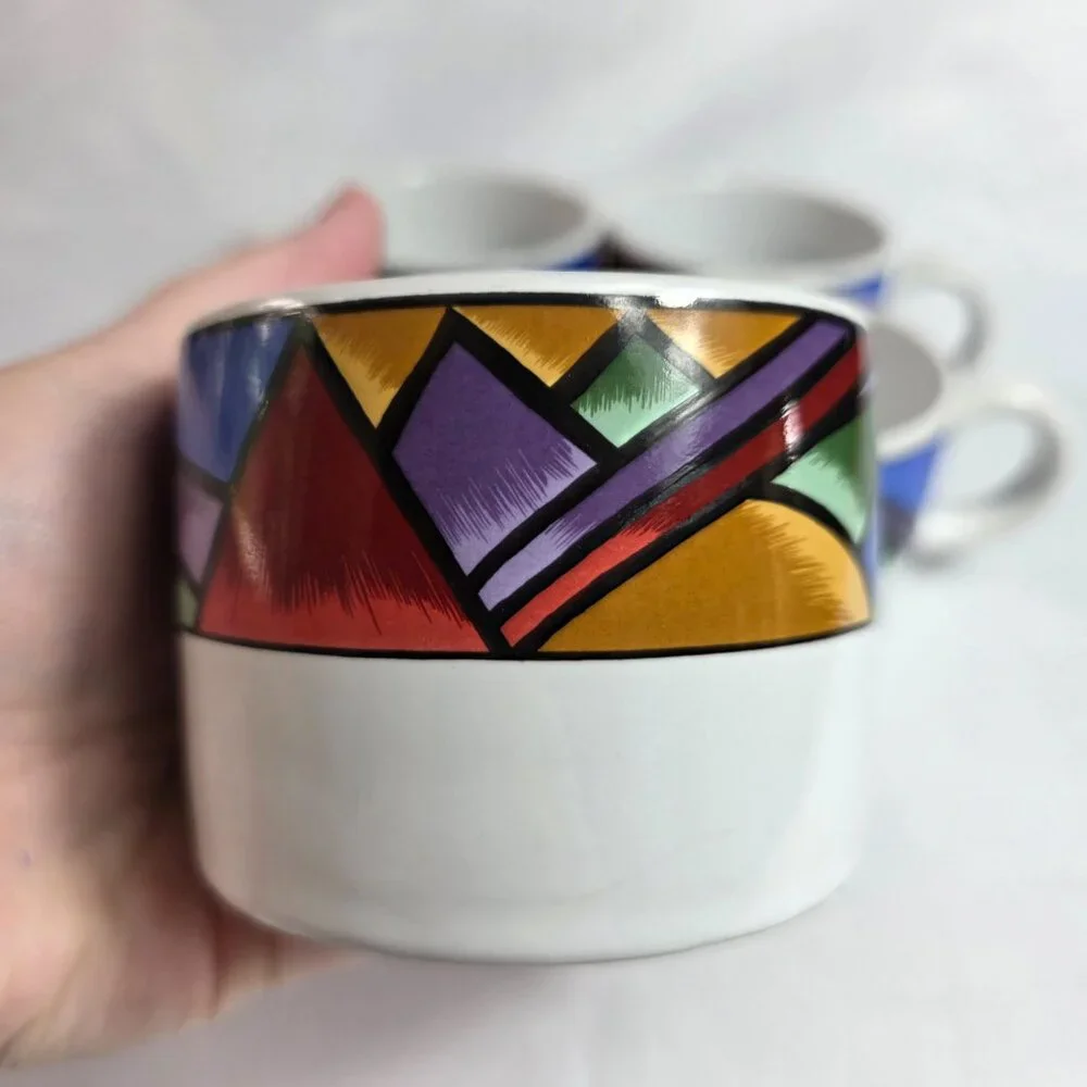 FOUR Sakura Sunset Mountain Flat Cups White with Multicolor Border